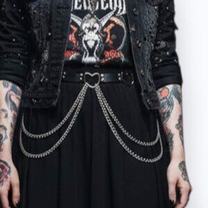 Black Faux Leather Silver Open Hearts Double Chains Belt OS NWT Grunge Plus Size